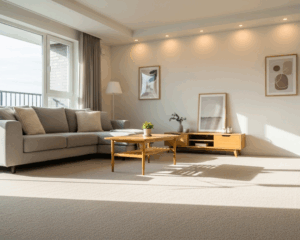 A bright, cozy living room with freshly cleaned beige carpet, natural sunlight, modern family home interior