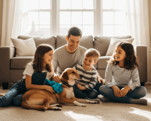 Happy family with children and dog relaxing on a freshly cleaned carpet in a sunlit living room
