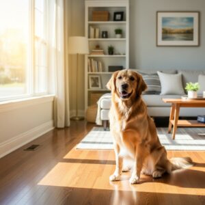 dog sitting on clean hardwood floors