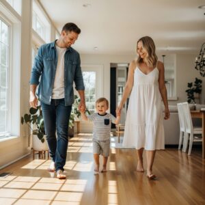 family walking across polished hardwood floors